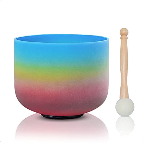 Rainbow Colored Throat Chakra Frosted Quartz Crystal Singing Bowl Set