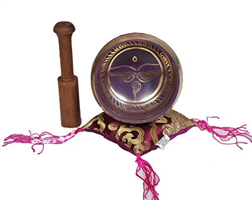 Tibetan Singing Bowl Set By - With Traditional Design Tibetan Buddhist Prayer Flag - Handmade in Nepal (Purple)