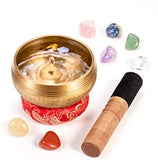 Tibetan Singing Bowl 3.4 Inch Includes Crystal Stones for 7 Chakras Small Wooden Mallet and Silk Mat