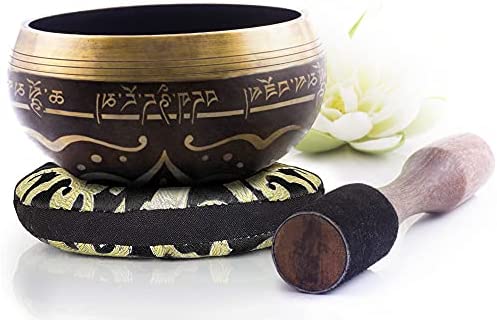Tibetan Singing Bowl Set — Easy to Play ~ Creates Beautiful Sound for Holistic Healing Stress Relief Meditation & Relaxation ~ Bliss Pattern~ Darker B