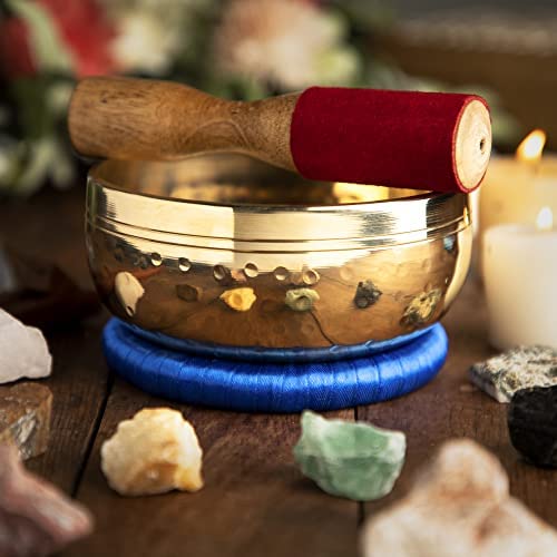 Meditative Brass Polished Singing Bowl with Mallet and Cushion - Tibetan Sound Bowls for Energy Healing Mindfulness Grounding Zen Meditation Exquisite