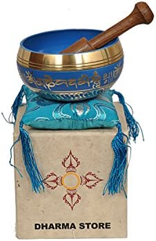 Tibetan Singing Bowl Set By - With Traditional Design Tibetan Buddhist Prayer Flag - Handmade in Nepal (Blue with box)