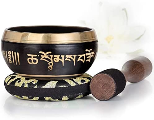 Tibetan Singing Bowl Set ~ Easy to Play ~ Creates Beautiful Sound for Holistic Healing Stress Relief Meditation & Relaxation ~ Balance Pattern ~ Dark