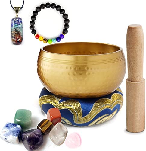 Tibetan Singing Bowl Set for MeditationYoga Spiritual Healing and Mindfulness with 7 Chakra Crystal Stones Crystal Necklace and Lava Stone Chakra Brac