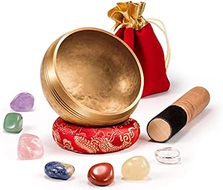 Tibetan Singing Bowl 4 Inch Meditation Sound Bowl Includes Crystal Stones for 7 Chakras Small Wooden Mallet and Silk Mat to Help with Meditation Yoga