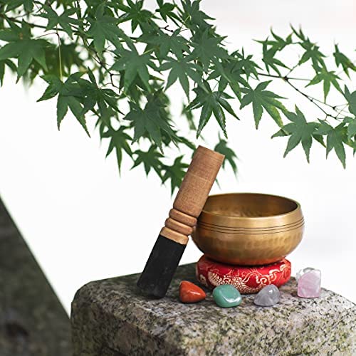 Tibetan Singing Bowl 3.4 Inch Includes Crystal Stones for 7 Chakras Small Wooden Mallet and Silk Mat