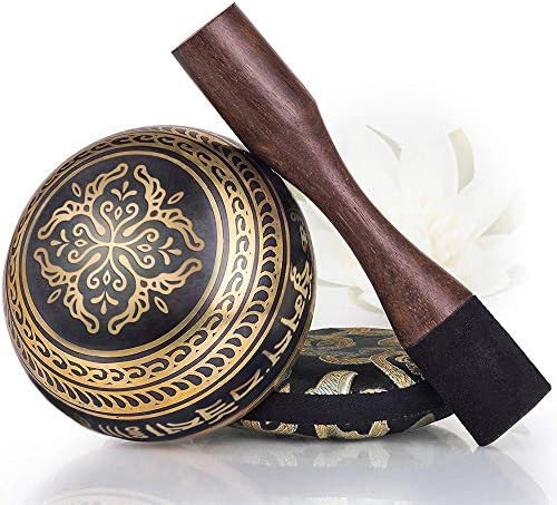 Tibetan Singing Bowl Set ~ Easy to Play ~ Creates Beautiful Sound for Holistic Healing Stress Relief Meditation & Relaxation ~ Balance Pattern ~ Dark