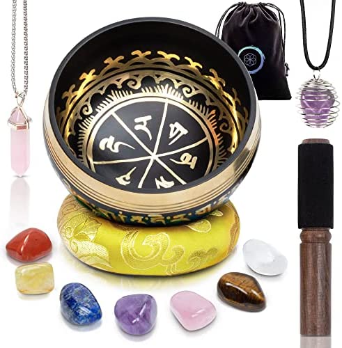 Tibetan Singing Bowl Set -Rose Quartz Pendant - 7 Chakra Crystal stones with Cage Necklace- For Meditation Mindfulness Yoga Spiritual and Body Healing