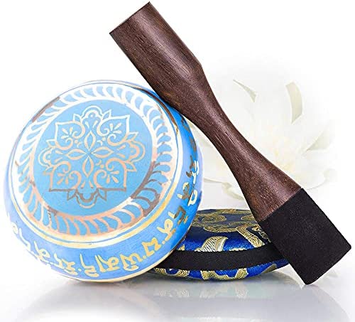 Tibetan Singing Bowl Set ~ Easy to Play ~ Creates Beautiful Sound for Holistic Healing Stress Relief Meditation & Relaxation ~ Gratitude Pattern ~ Blu