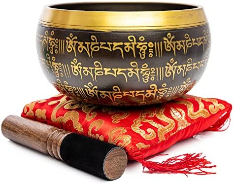 Tibetan Singing Bowl Set - Easy To Play Authentic Handmade For Meditation Sound 7 Chakra Healing (Black & Red)