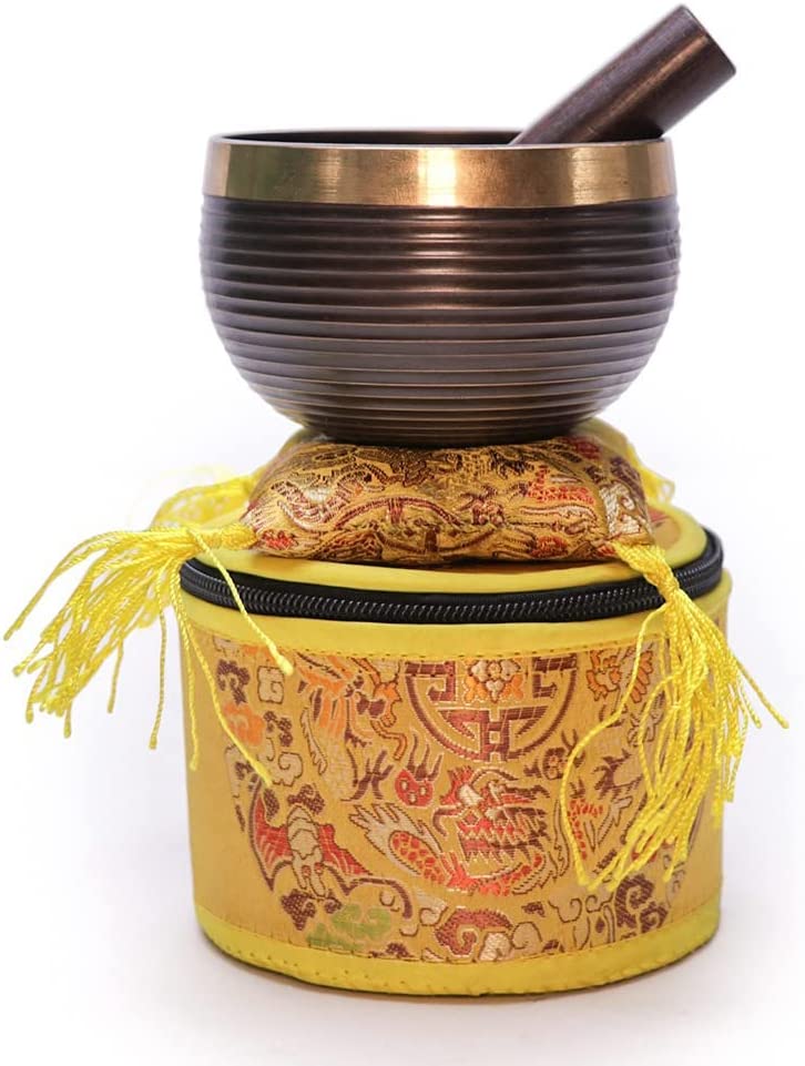 PureMind Tibetan Singing Bowl Set -Om Mani Padme Hum Engravings and Spiral Design Sound Bowl Handcrafted in Nepal for Chakra Alignment Meditation Yoga