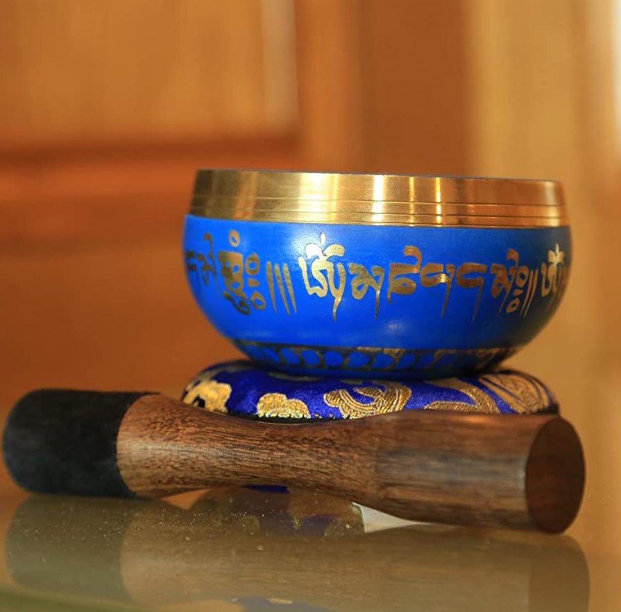 Tibetan Singing Bowl Set ~ Easy to Play ~ Creates Beautiful Sound for Holistic Healing Stress Relief Meditation & Relaxation ~ Gratitude Pattern ~ Blu