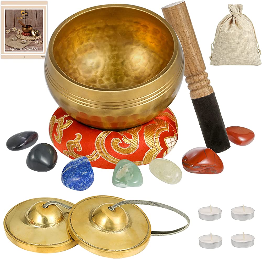 Tibetan Singing Bowl Set Healing Crystals Set with Meditation Singing Bowl Tingsha Cymbals Tibetan Singing Bowl with Bells for Healing Yoga Meditation