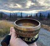 Tibetan Singing Bowl Set ~ Easy to Play ~ Creates Beautiful Sound for Holistic Healing Stress Relief Meditation & Relaxation ~ Peace Pattern ~ Gold Bo