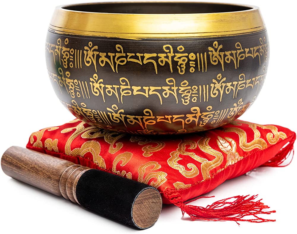 Tibetan Singing Bowl Set - Easy To Play Authentic Handmade For Meditation Sound 7 Chakra Healing By Himalayan Bazaar (Black & Red)