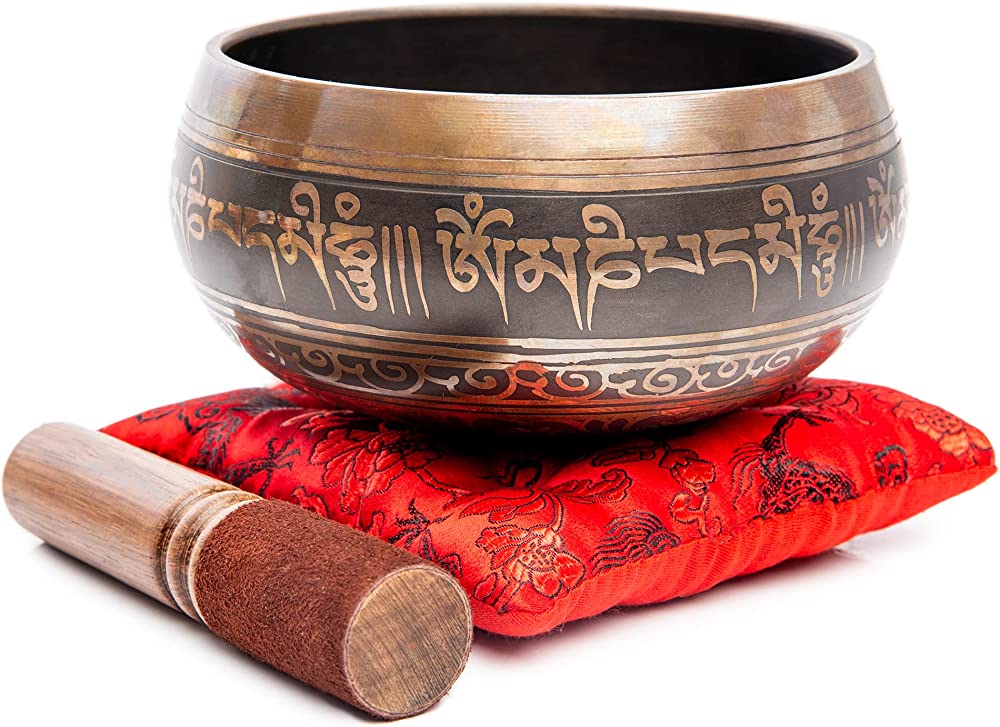 Tibetan Singing Bowl Set - Easy To Play Authentic Handmade For Meditation Sound 7 Chakra Healing By Himalayan Bazaar (Brown & Red)